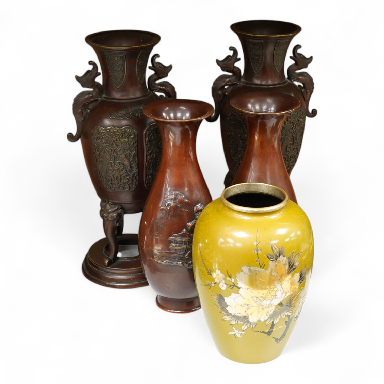 Two pairs of Japanese bronze vases, Meiji period and another, later example, largest 35cm high